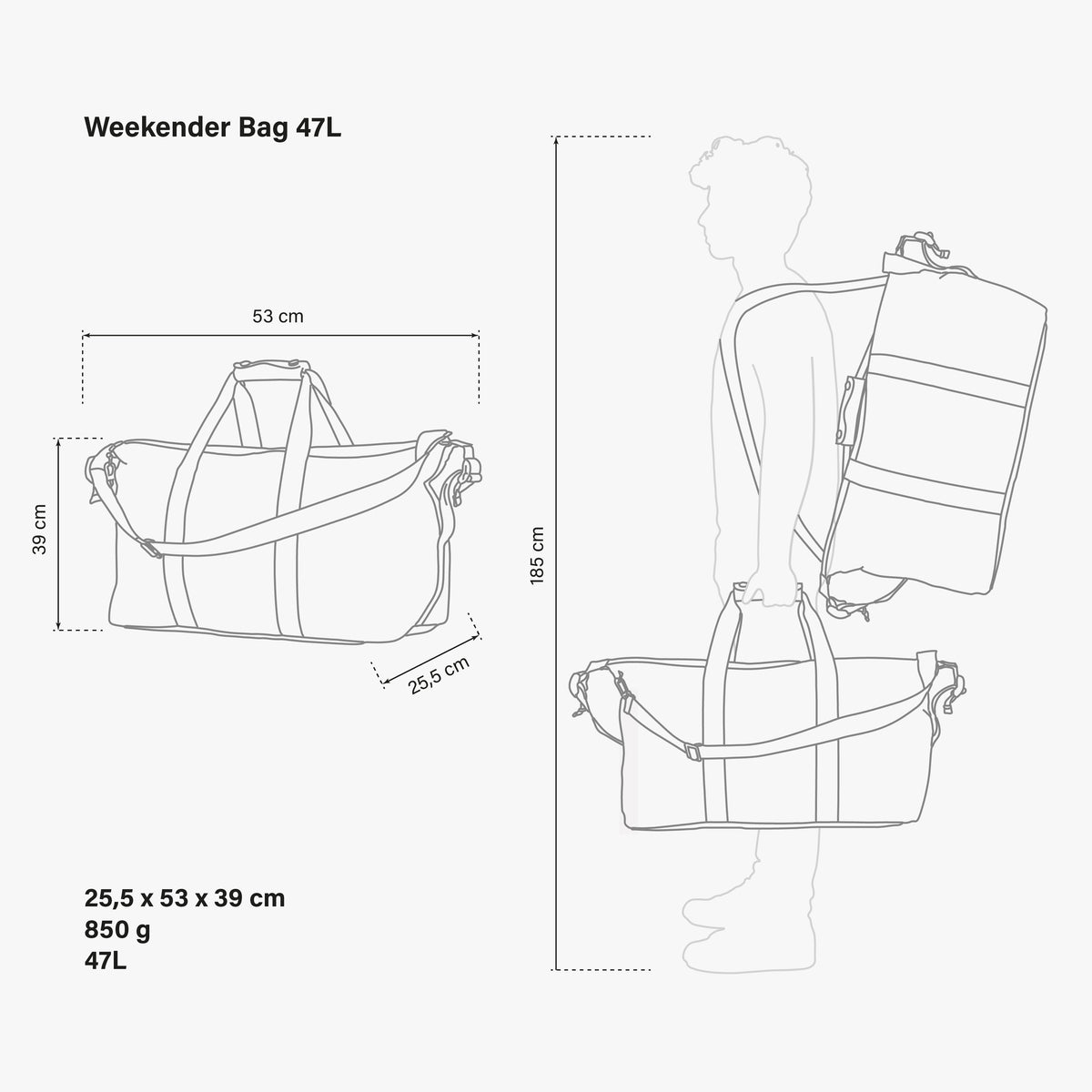Weekender Bag 47L Synerskin dimensions